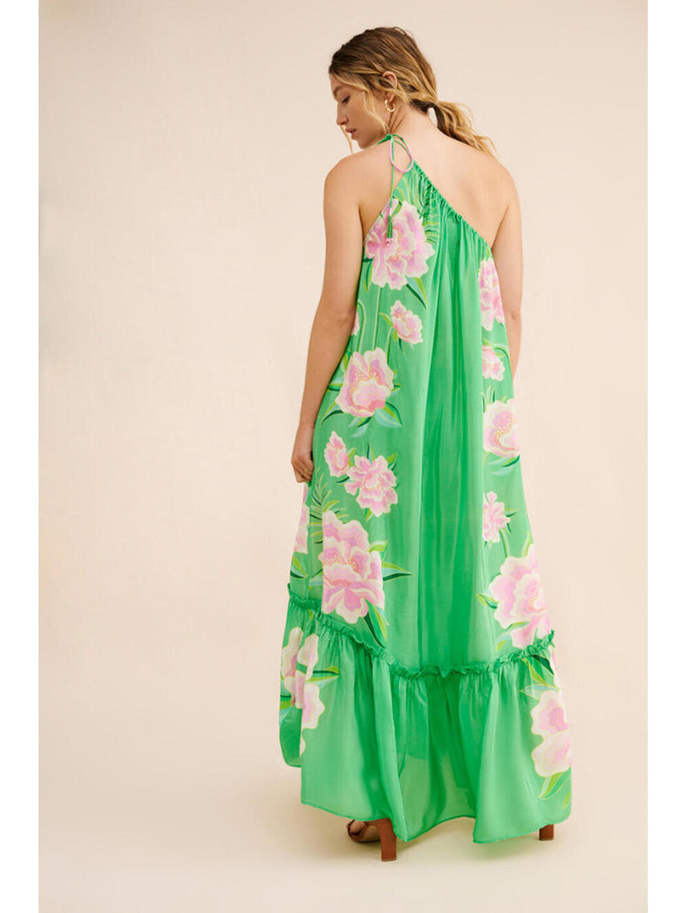 Farm Rio - Elegant Floral Satin Maxi Dress, Green & Pink, size S - Picture 2 of 11